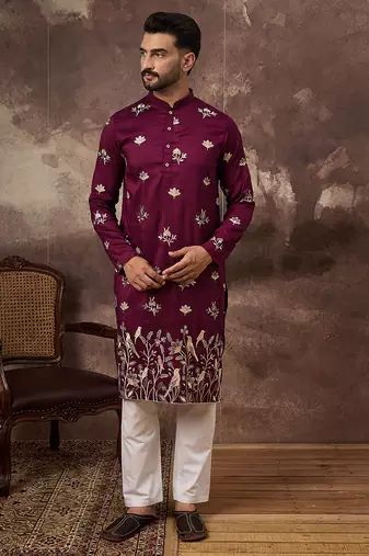 Men purple silk blend solid embroidered straight kurta