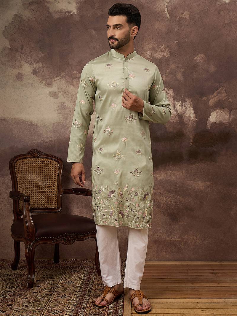 Men green silk blend solid embroidered straight kurta