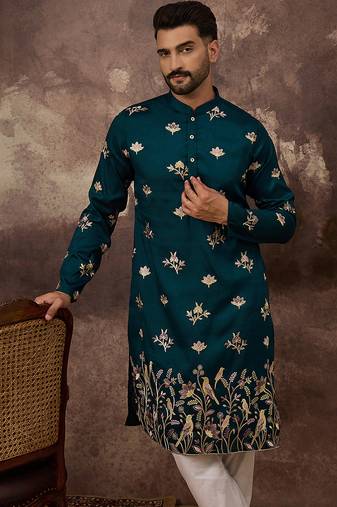 Men blue silk blend solid embroidered straight kurta