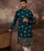 Men blue silk blend solid embroidered straight kurta