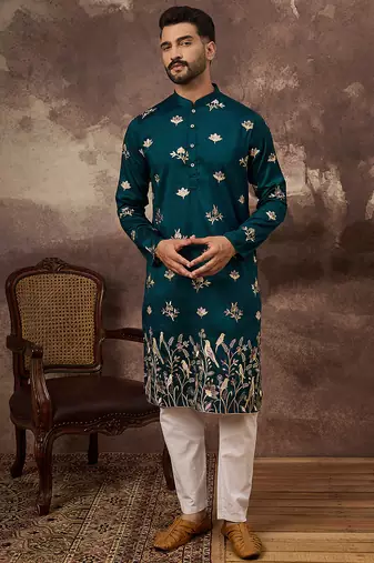 Men blue silk blend solid embroidered straight kurta