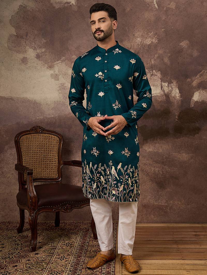 Men blue silk blend solid embroidered straight kurta