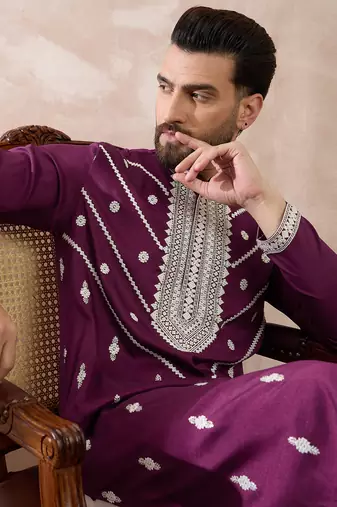 Men purple silk blend embroidered mandarin collar straight kurta