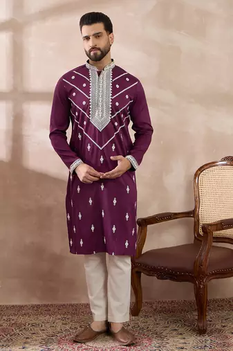 Men purple silk blend embroidered mandarin collar straight kurta