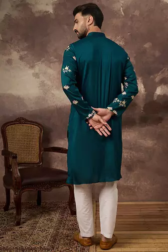 Men blue silk blend solid embroidered straight kurta