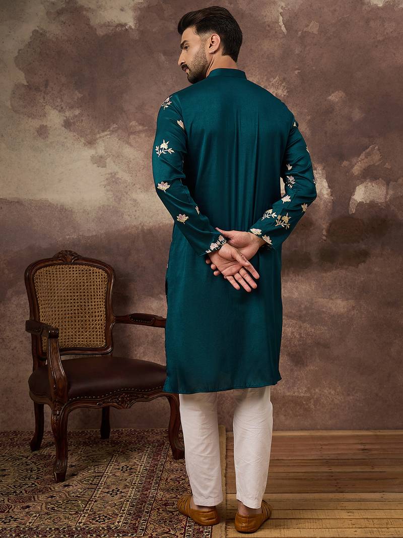 Men blue silk blend solid embroidered straight kurta