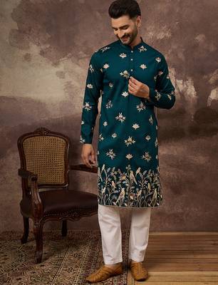 Men blue silk blend solid embroidered straight kurta 5