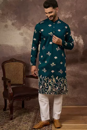 Men blue silk blend solid embroidered straight kurta