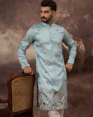 Men blue silk blend solid embroidered straight kurta 1