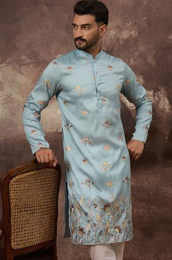 Men blue silk blend solid embroidered straight kurta
