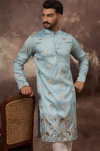 Men blue silk blend solid embroidered straight kurta