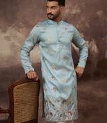 Men blue silk blend solid embroidered straight kurta