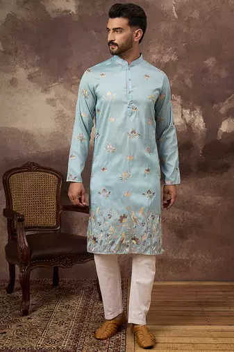 Men blue silk blend solid embroidered straight kurta