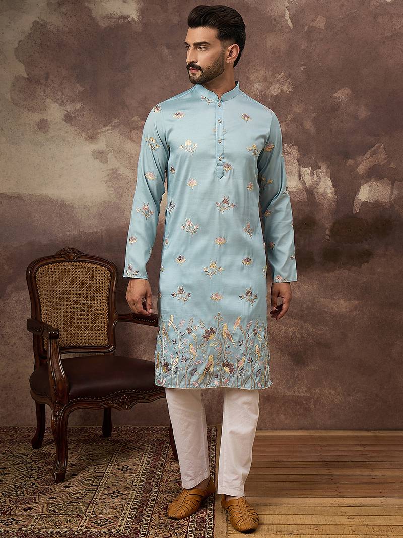 Men blue silk blend solid embroidered straight kurta