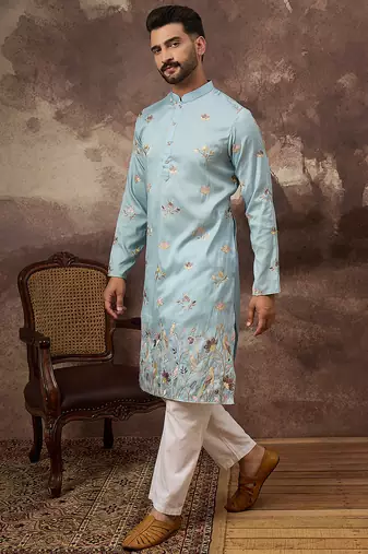Men blue silk blend solid embroidered straight kurta