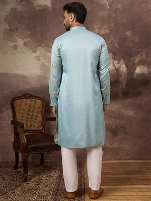 Men blue silk blend solid embroidered straight kurta 4