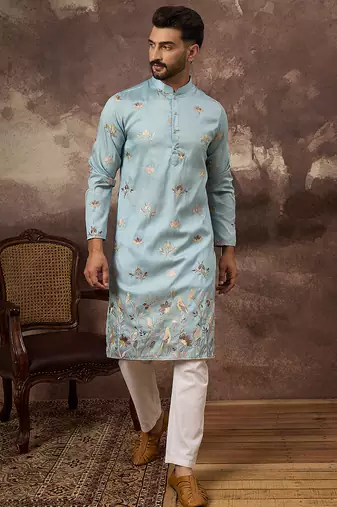 Men blue silk blend solid embroidered straight kurta
