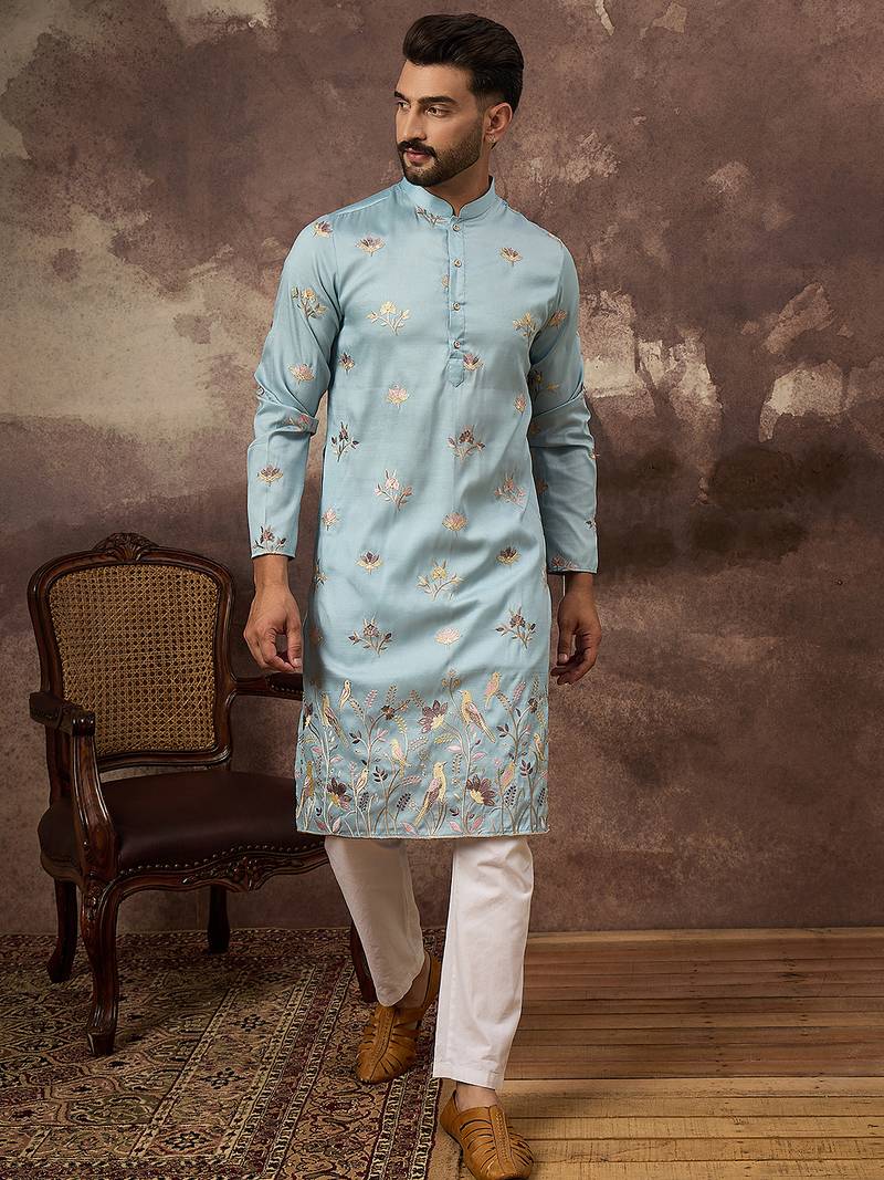 Men blue silk blend solid embroidered straight kurta