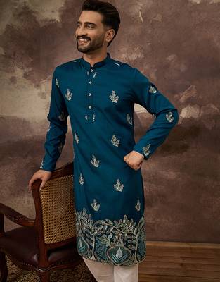 Men blue silk blend solid embroidered straight kurta 1
