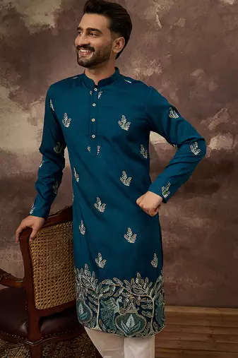 Men blue silk blend solid embroidered straight kurta