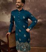 Men blue silk blend solid embroidered straight kurta
