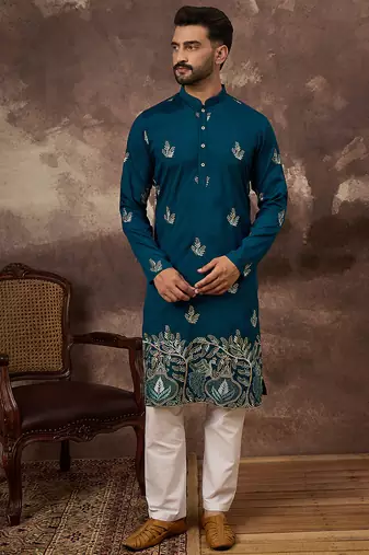 Men blue silk blend solid embroidered straight kurta