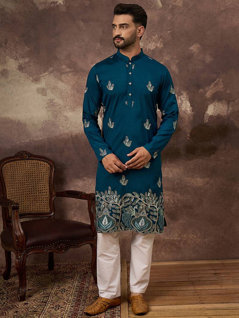 Men blue silk blend solid embroidered straight kurta