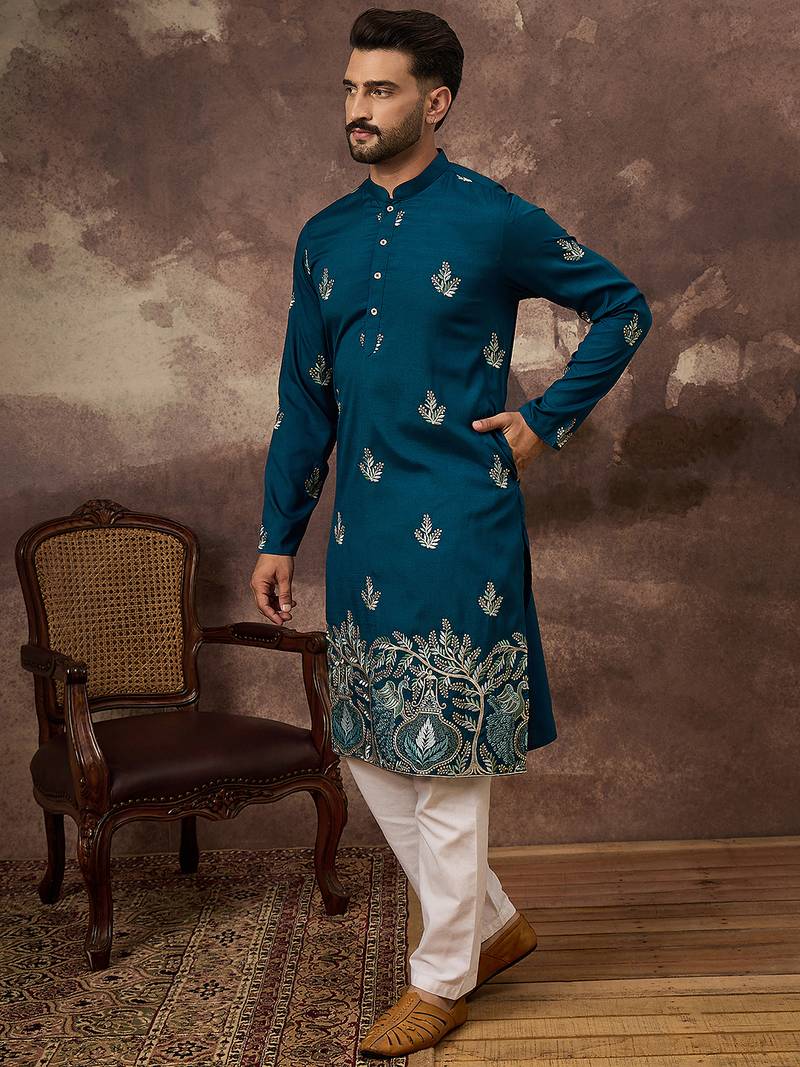 Men blue silk blend solid embroidered straight kurta