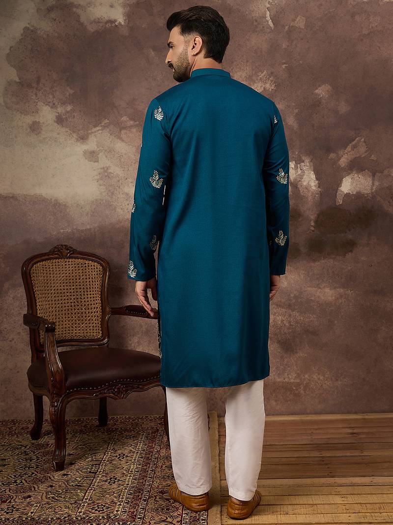 Men blue silk blend solid embroidered straight kurta