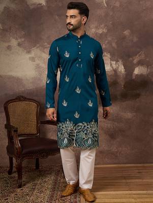 Men blue silk blend solid embroidered straight kurta 5