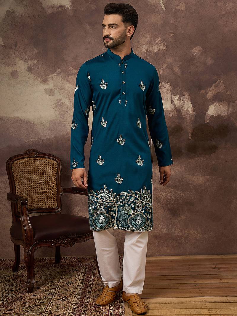Men blue silk blend solid embroidered straight kurta