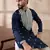 Men navy blue silk blend embroidered mandarin collar straight kurta