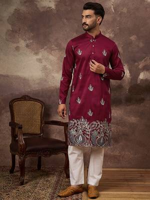 Men maroon silk blend solid embroidered straight kurta 5