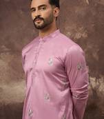 Men pink silk blend solid embroidered straight kurta