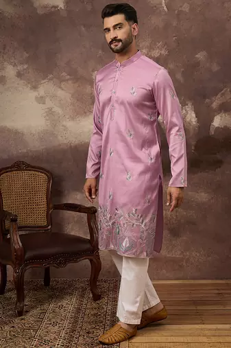 Men pink silk blend solid embroidered straight kurta