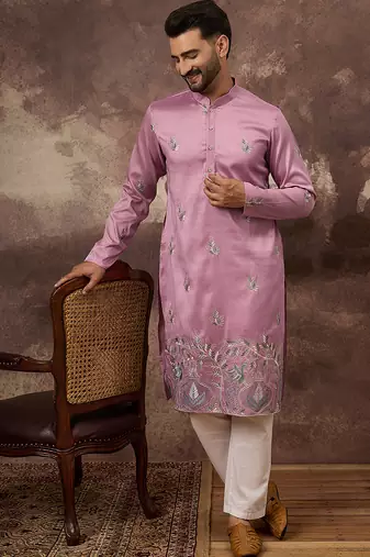 Men pink silk blend solid embroidered straight kurta
