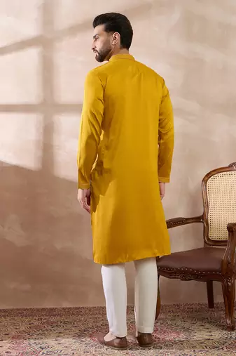 Men mustard silk blend embroidered mandarin collar straight kurta