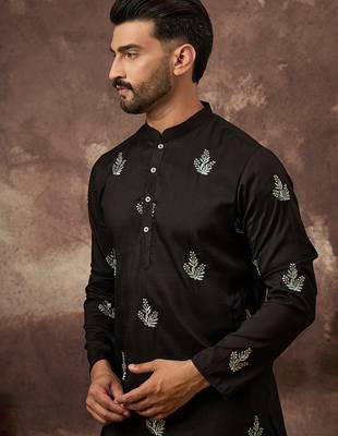 Men black silk blend solid embroidered straight kurta 1