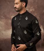 Men black silk blend solid embroidered straight kurta