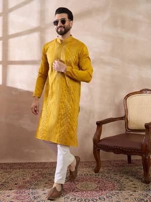 Men mustard silk blend embroidered mandarin collar straight kurta 5