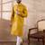 Men mustard silk blend embroidered mandarin collar straight kurta