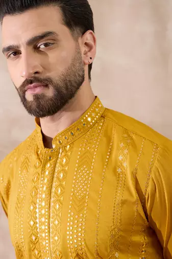 Men mustard silk blend embroidered mandarin collar straight kurta