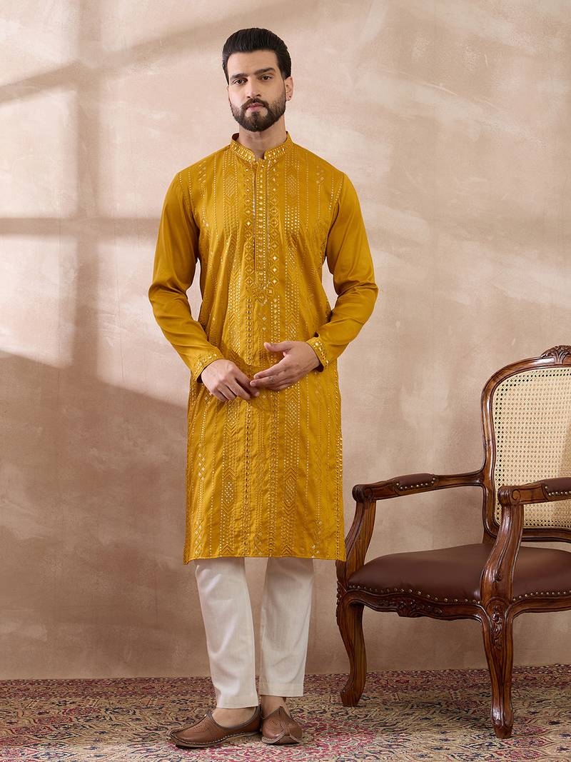 Men mustard silk blend embroidered mandarin collar straight kurta
