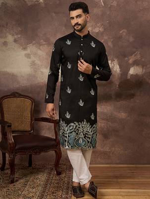 Men black silk blend solid embroidered straight kurta 5