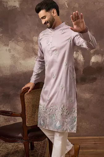 Men lavender silk blend solid embroidered straight kurta
