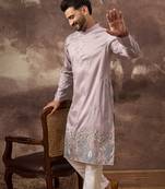 Men lavender silk blend solid embroidered straight kurta