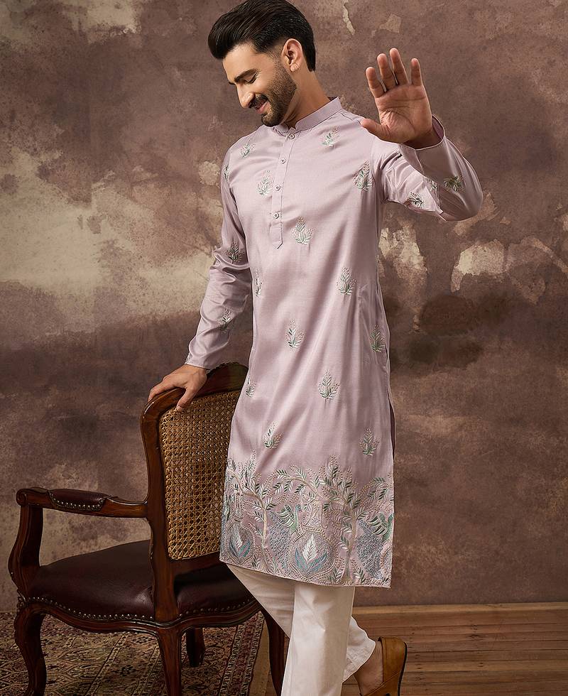 Men lavender silk blend solid embroidered straight kurta