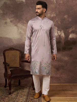 Men lavender silk blend solid embroidered straight kurta 2