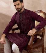 Men purple silk blend embroidered mandarin collar straight kurta