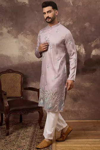 Men lavender silk blend solid embroidered straight kurta